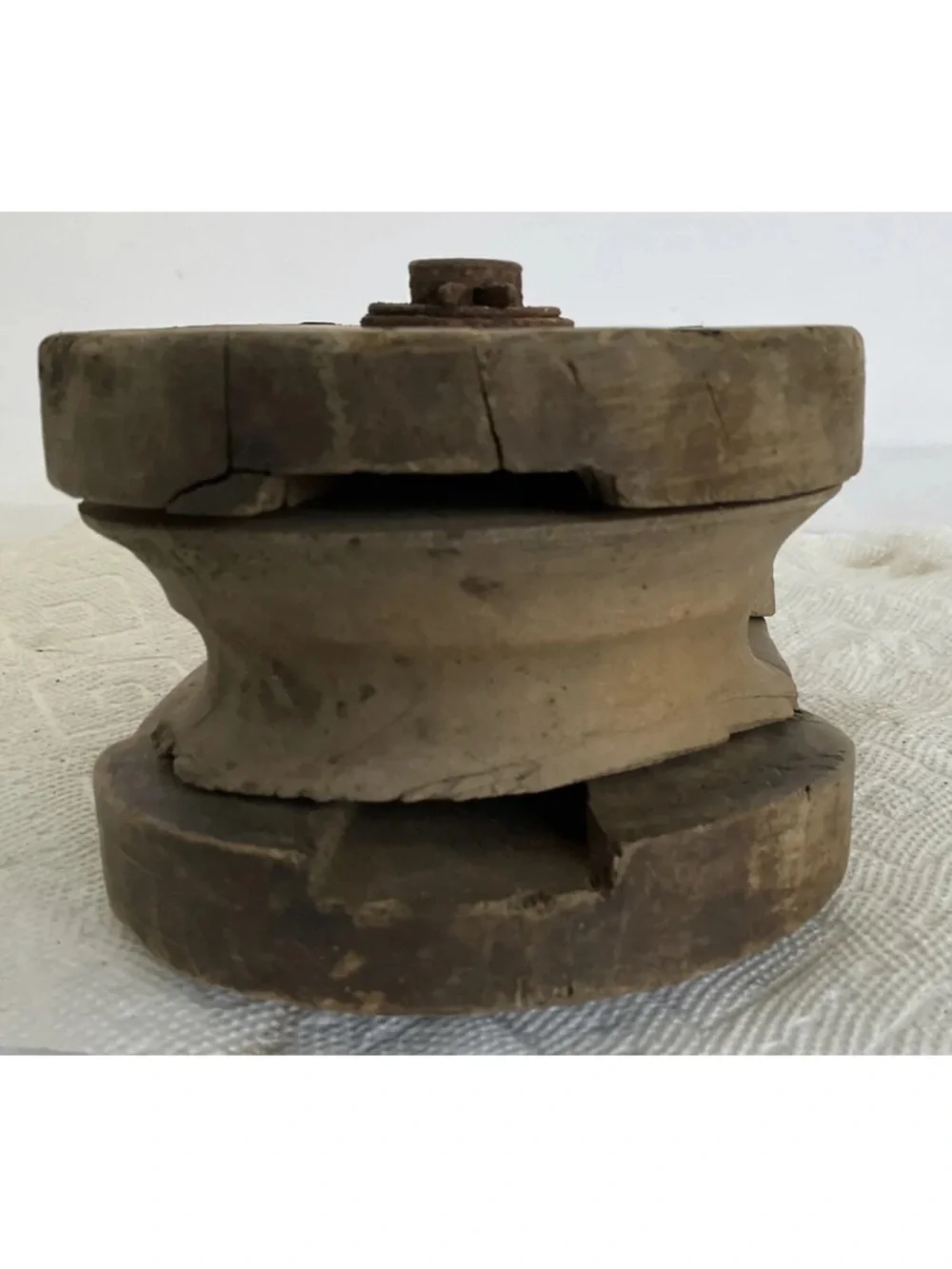 Vintage Wooden Barn Pully Wood Wheel W/ Iron Hook Great Display